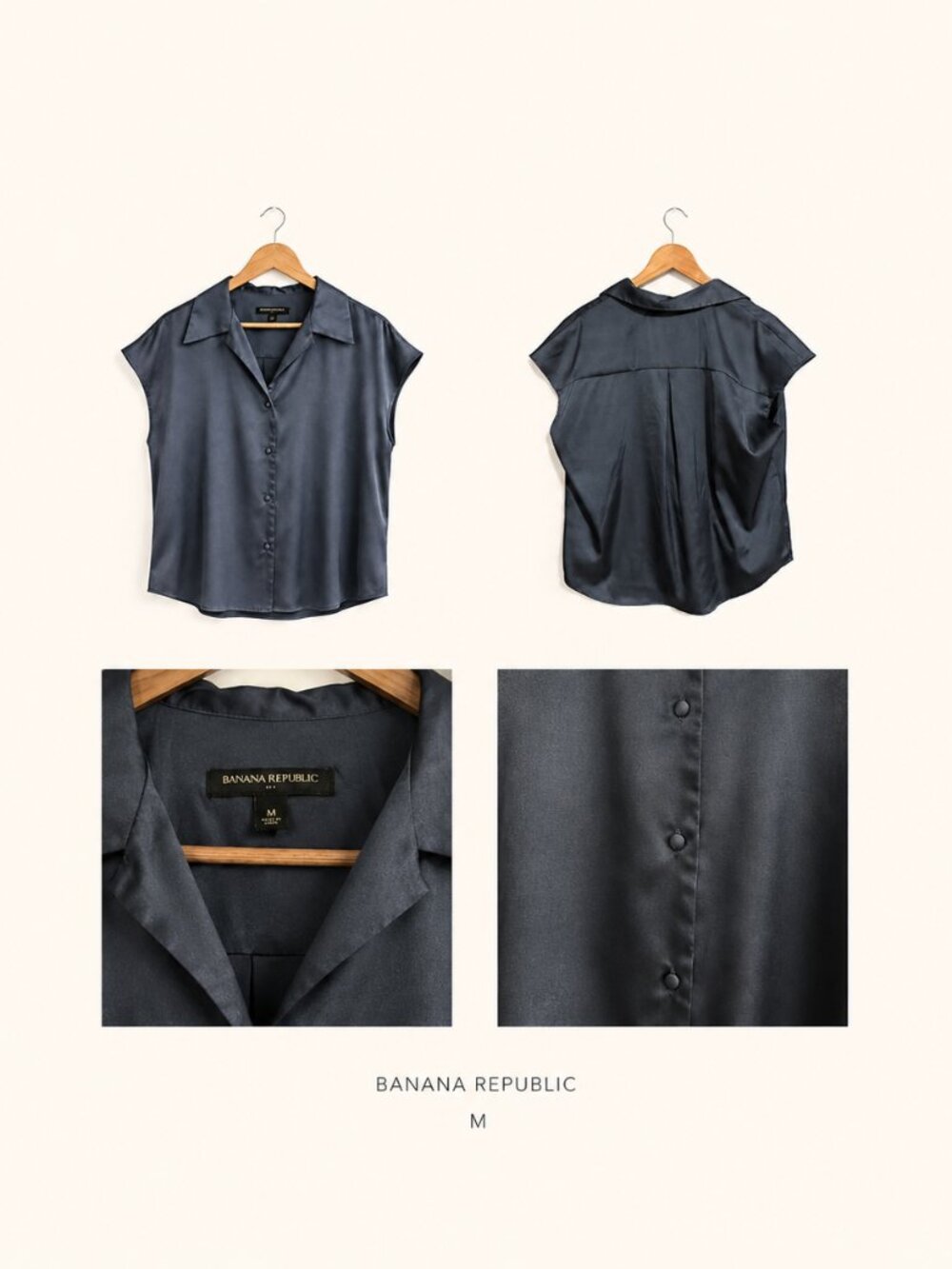 Banana Republic Slate Blue Satin Button Front Blouse Size M Cap Sleeve